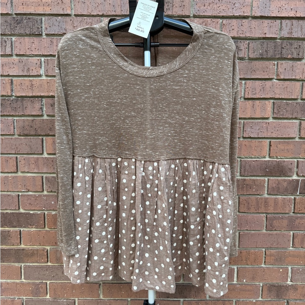 Bucket List Babydoll Long Sleeve Top Blouse Brown Polka Dots Size Small New